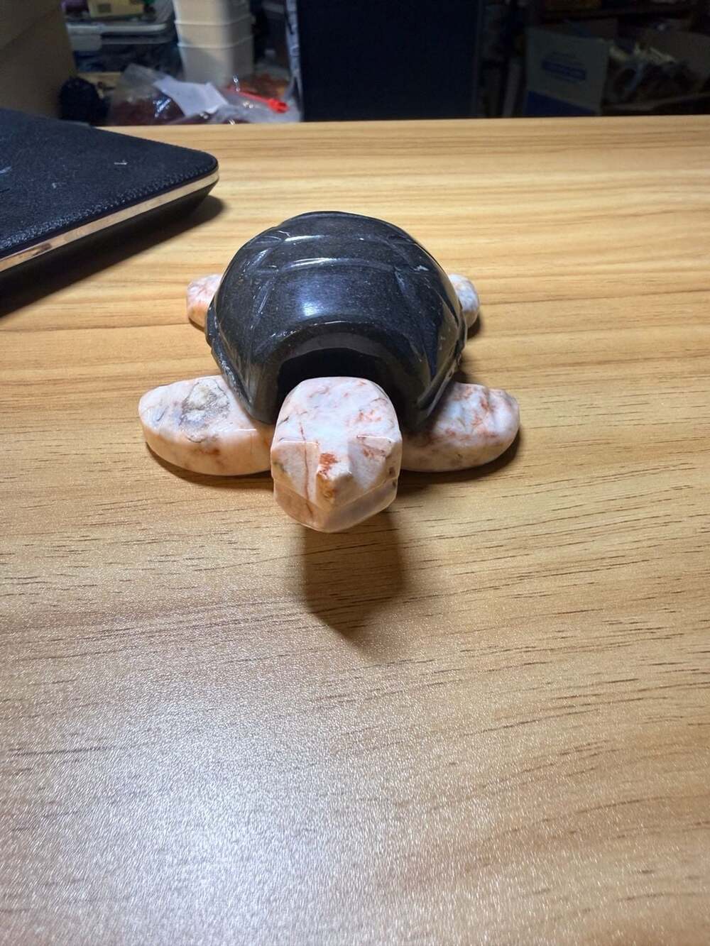 Hand-Carved Stone Sea Turtle Figurine with Black Onyx Shell and Pink Marble Body